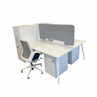 White Bank of 2 Bench Desk with Screen