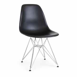 Vitra Eames DSR Fiberglass Side Chair An iconic pre-owned side chair, suitable for meeting rooms, breakout spaces, dining areas or home use. Moulded black fiberglass shell Curved, supportive seat shape Armless design Chrome Eiffel wire base Protective floor glides Lightweight and versatile Classic Vitra Eames design