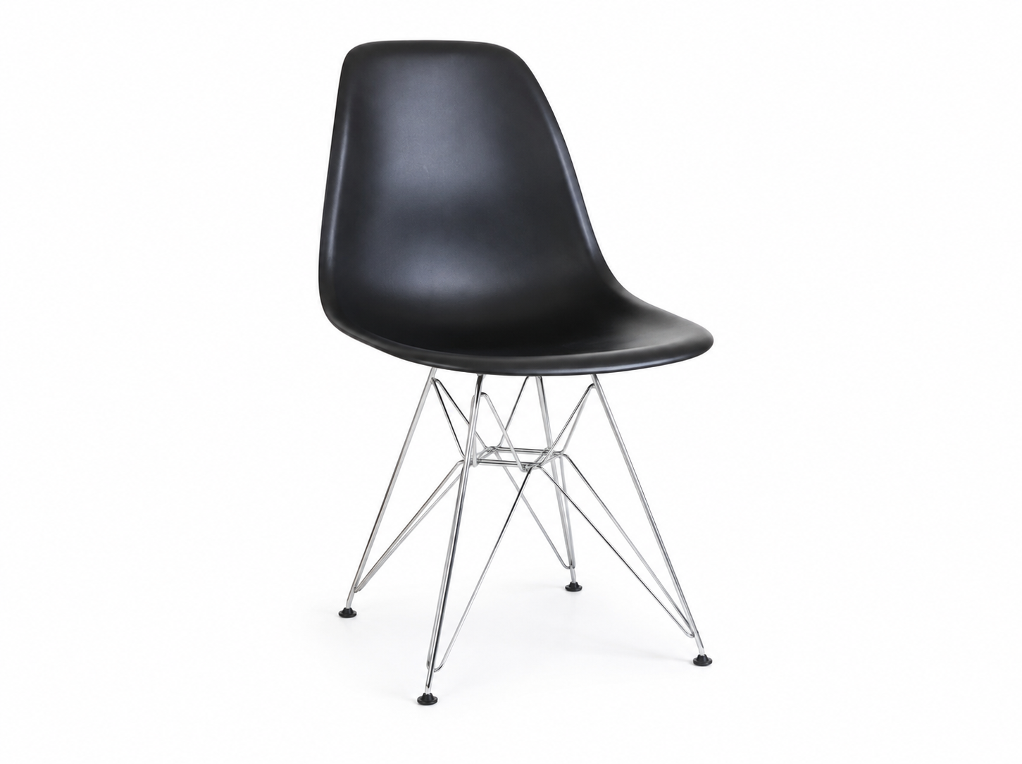 Vitra Eames DSR Fiberglass Side Chair An iconic pre-owned side chair, suitable for meeting rooms, breakout spaces, dining areas or home use. Moulded black fiberglass shell Curved, supportive seat shape Armless design Chrome Eiffel wire base Protective floor glides Lightweight and versatile Classic Vitra Eames design